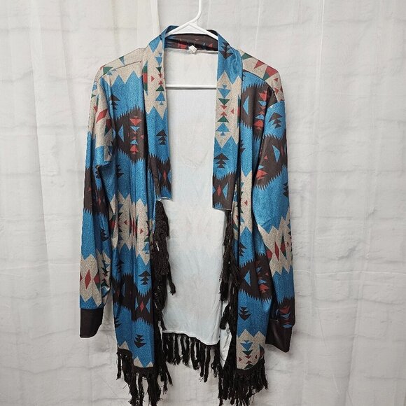 Blue Brown Aztec Kimono Fringed Southwestern Bohemian Cardigan XL - Picture 9 of 12